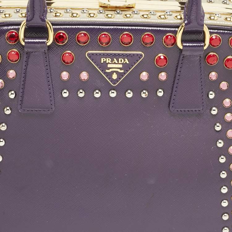 Pre Owned Prada Purple/Grey Saffiano Patent Leather Studded Pyramid Frame Satchel