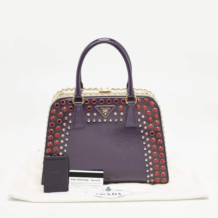 Pre Owned Prada Purple/Grey Saffiano Patent Leather Studded Pyramid Frame Satchel
