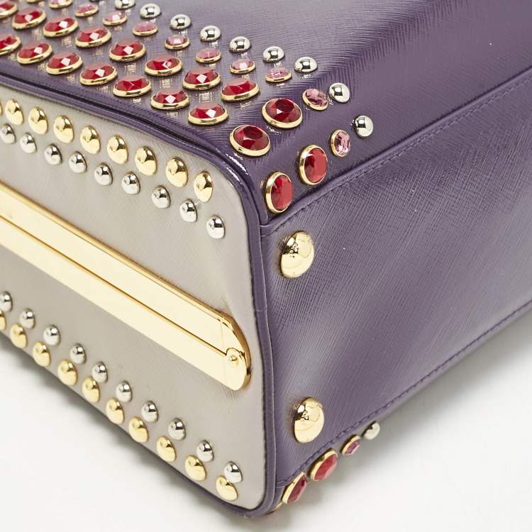 Pre Owned Prada Purple/Grey Saffiano Patent Leather Studded Pyramid Frame Satchel