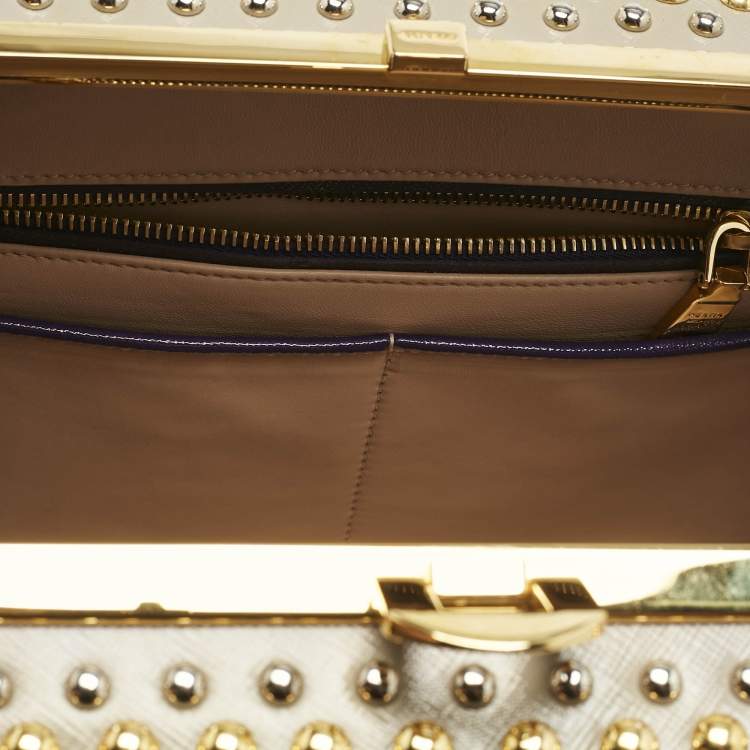 Pre Owned Prada Purple/Grey Saffiano Patent Leather Studded Pyramid Frame Satchel