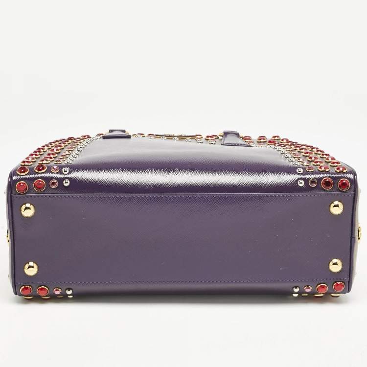 Pre Owned Prada Purple/Grey Saffiano Patent Leather Studded Pyramid Frame Satchel