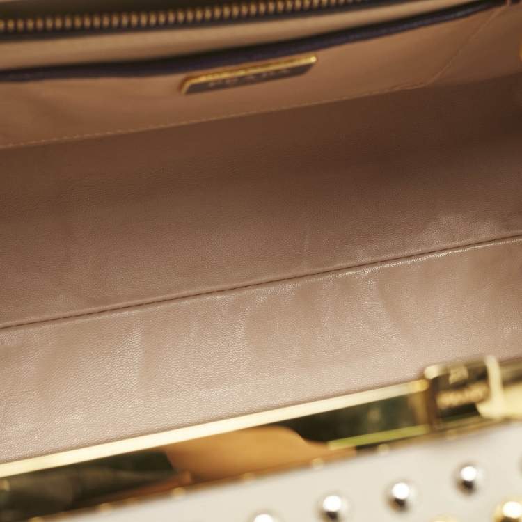 Pre Owned Prada Purple/Grey Saffiano Patent Leather Studded Pyramid Frame Satchel