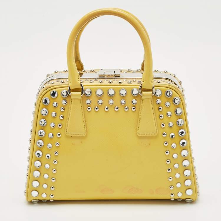 Pre Owned Prada Yellow/Cream Saffiano Patent Leather Small Studded Pyramid Frame Bag