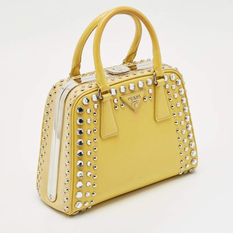 Pre Owned Prada Yellow/Cream Saffiano Patent Leather Small Studded Pyramid Frame Bag