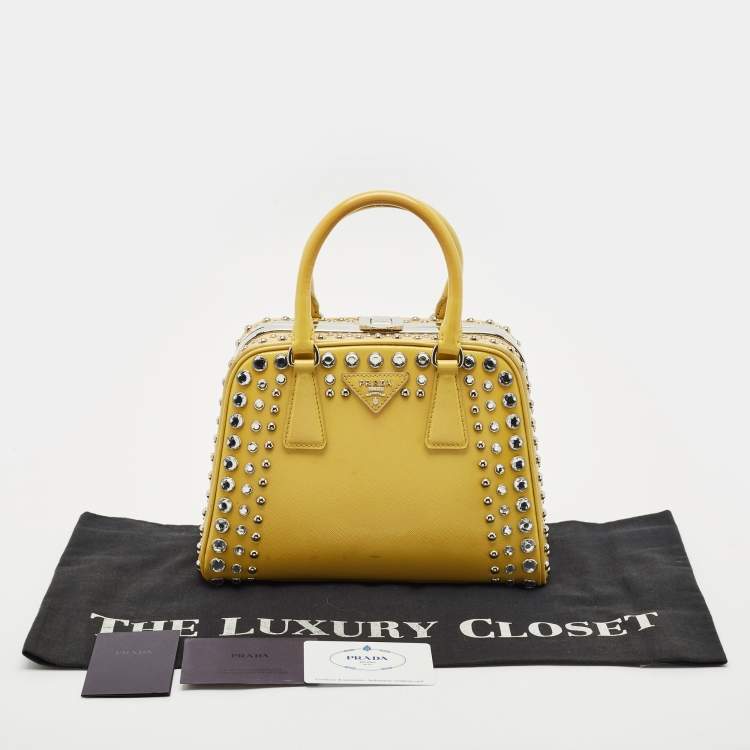Pre Owned Prada Yellow/Cream Saffiano Patent Leather Small Studded Pyramid Frame Bag