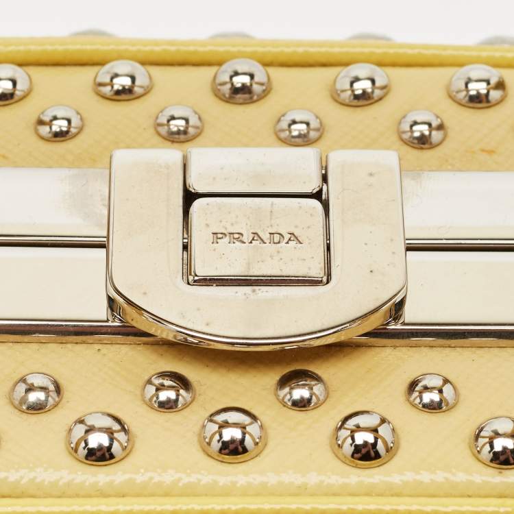 Pre Owned Prada Yellow/Cream Saffiano Patent Leather Small Studded Pyramid Frame Bag
