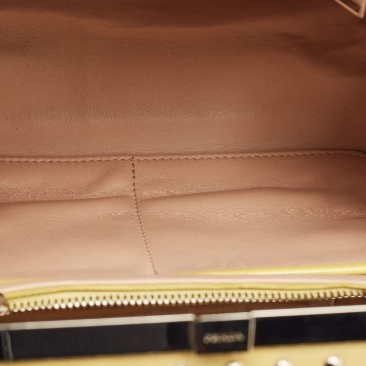 Pre Owned Prada Yellow/Cream Saffiano Patent Leather Small Studded Pyramid Frame Bag