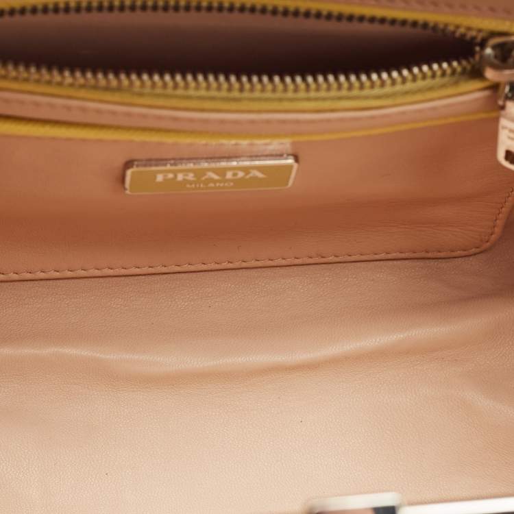 Pre Owned Prada Yellow/Cream Saffiano Patent Leather Small Studded Pyramid Frame Bag