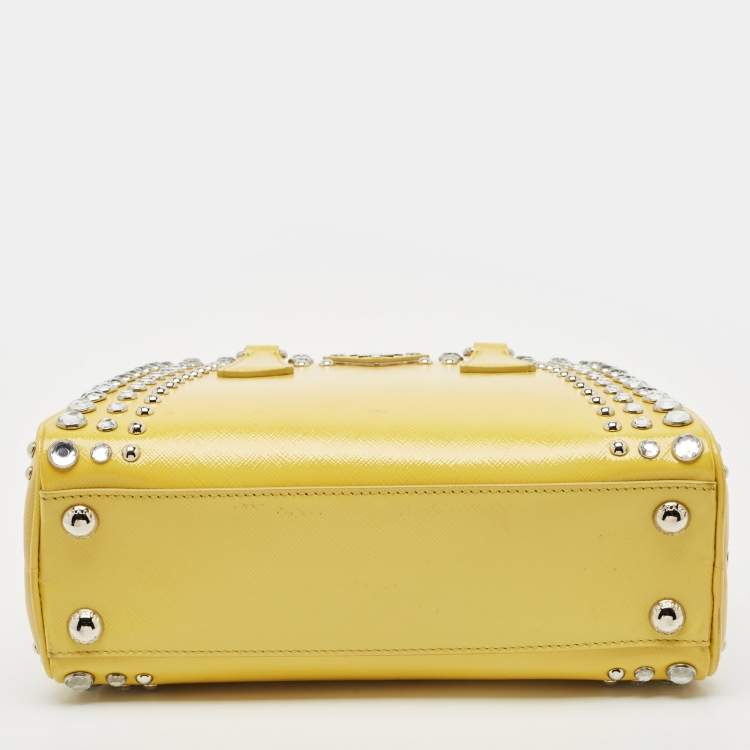 Pre Owned Prada Yellow/Cream Saffiano Patent Leather Small Studded Pyramid Frame Bag