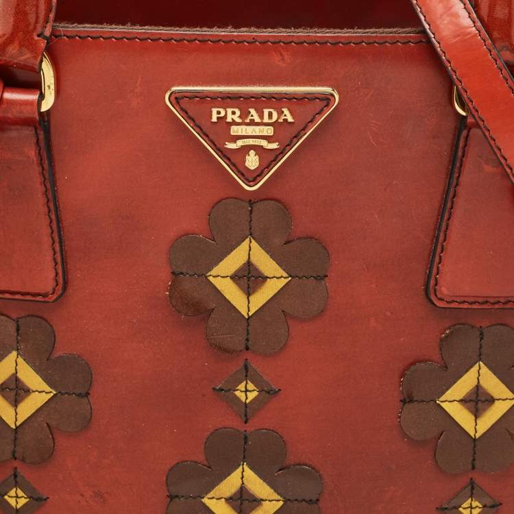 Pre Owned Prada Brick Red Patent Leather Medium Floral Applique Double Zip Tote
