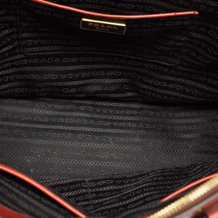 Pre Owned Prada Brick Red Patent Leather Medium Floral Applique Double Zip Tote