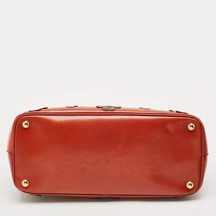 Pre Owned Prada Brick Red Patent Leather Medium Floral Applique Double Zip Tote