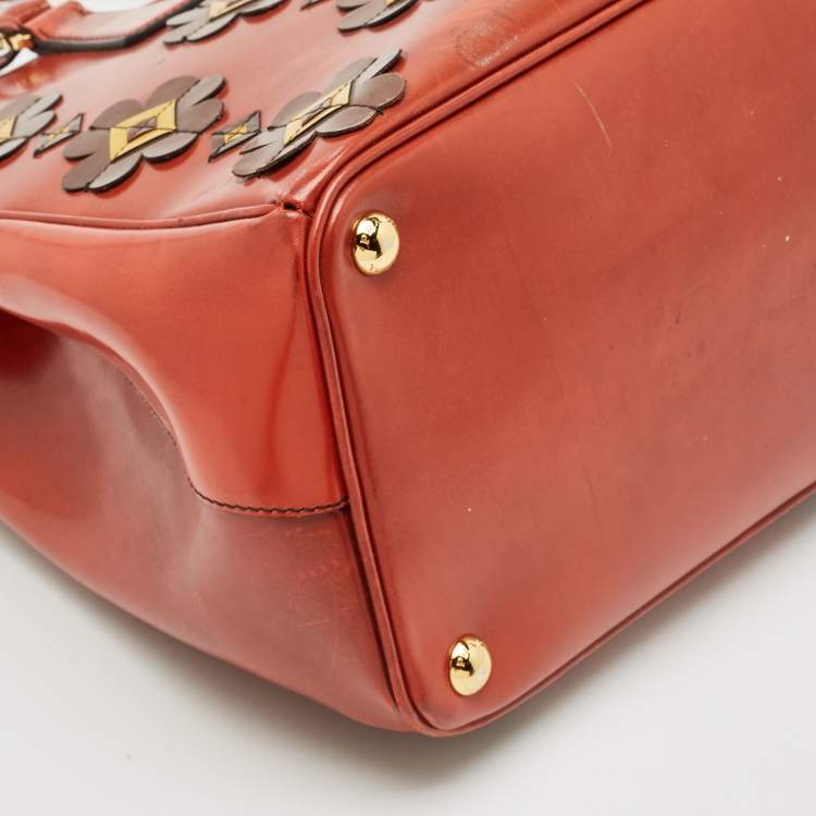 Pre Owned Prada Brick Red Patent Leather Medium Floral Applique Double Zip Tote