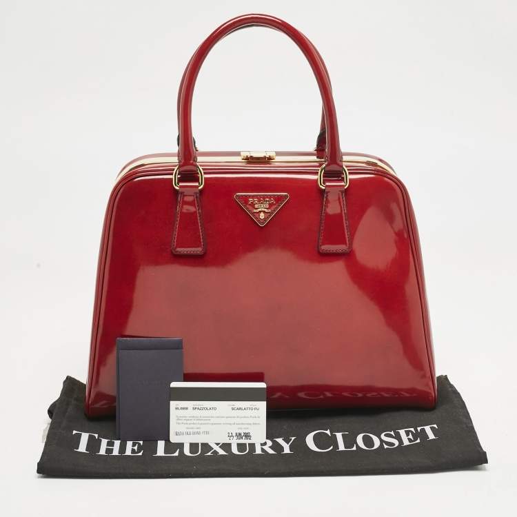 Pre Owned Prada Red Patent Leather Pyramid Frame Satchel