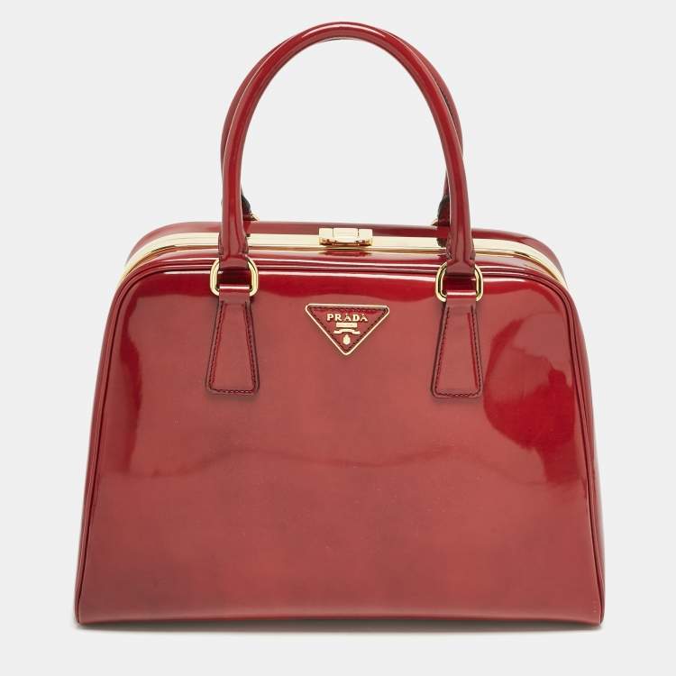 Pre Owned Prada Red Patent Leather Pyramid Frame Satchel