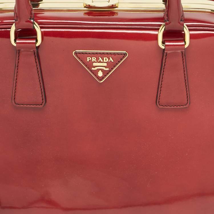 Pre Owned Prada Red Patent Leather Pyramid Frame Satchel