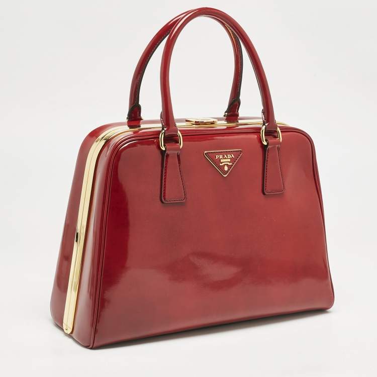 Pre Owned Prada Red Patent Leather Pyramid Frame Satchel