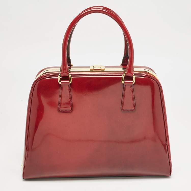 Pre Owned Prada Red Patent Leather Pyramid Frame Satchel