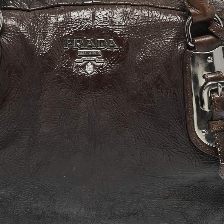 Pre Owned Prada Ombre Brown Crackled Patent Leather Bauletto Bag
