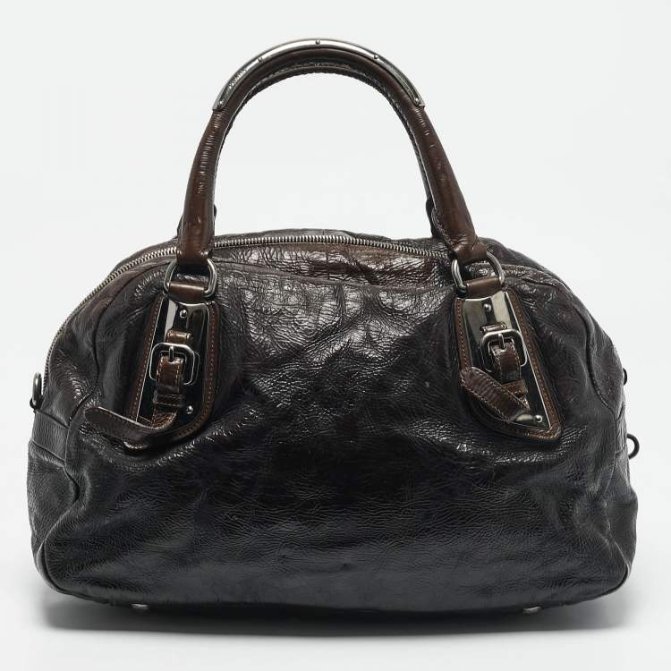 Pre Owned Prada Ombre Brown Crackled Patent Leather Bauletto Bag
