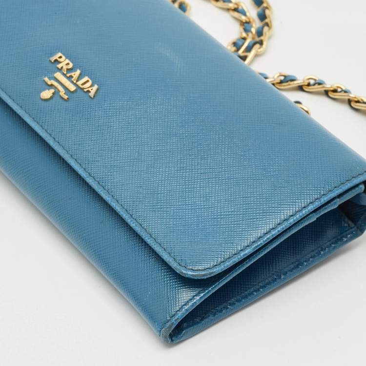 Pre Owned Prada Blue Saffiano Lux Leather Logo Flap Wallet On Chain