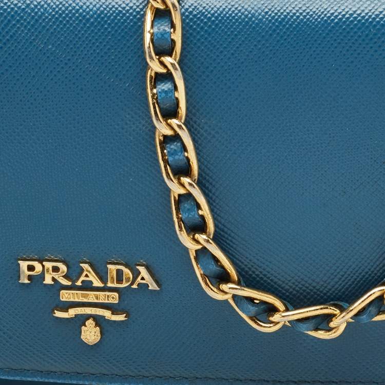 Pre Owned Prada Blue Saffiano Lux Leather Logo Flap Wallet On Chain