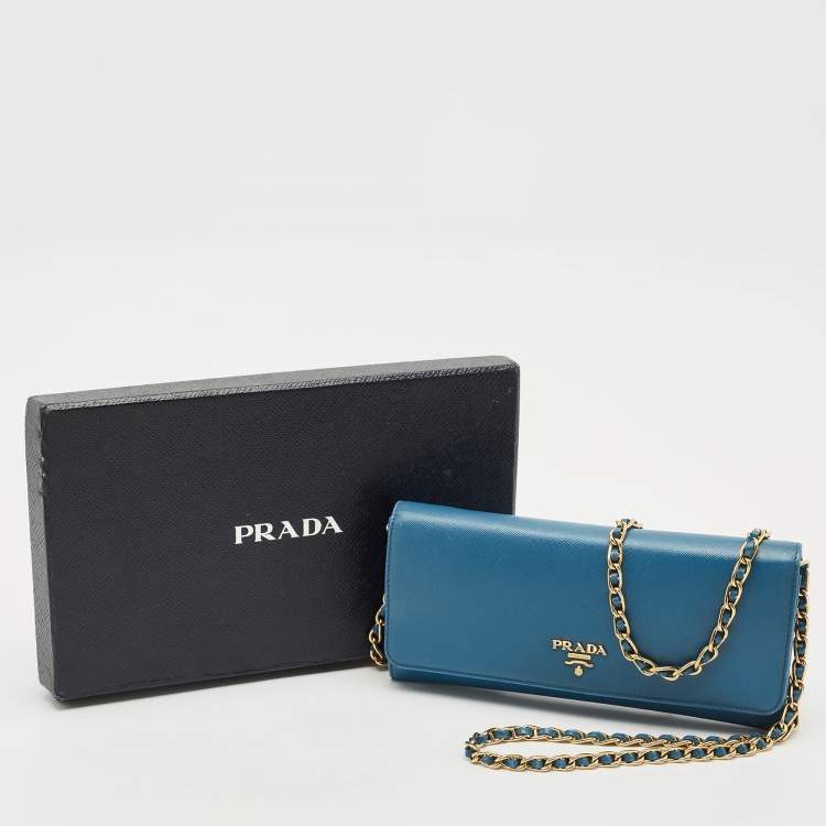 Pre Owned Prada Blue Saffiano Lux Leather Logo Flap Wallet On Chain