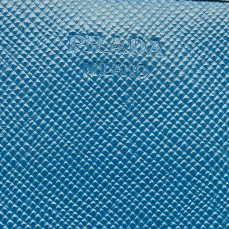 Pre Owned Prada Blue Saffiano Lux Leather Logo Flap Wallet On Chain