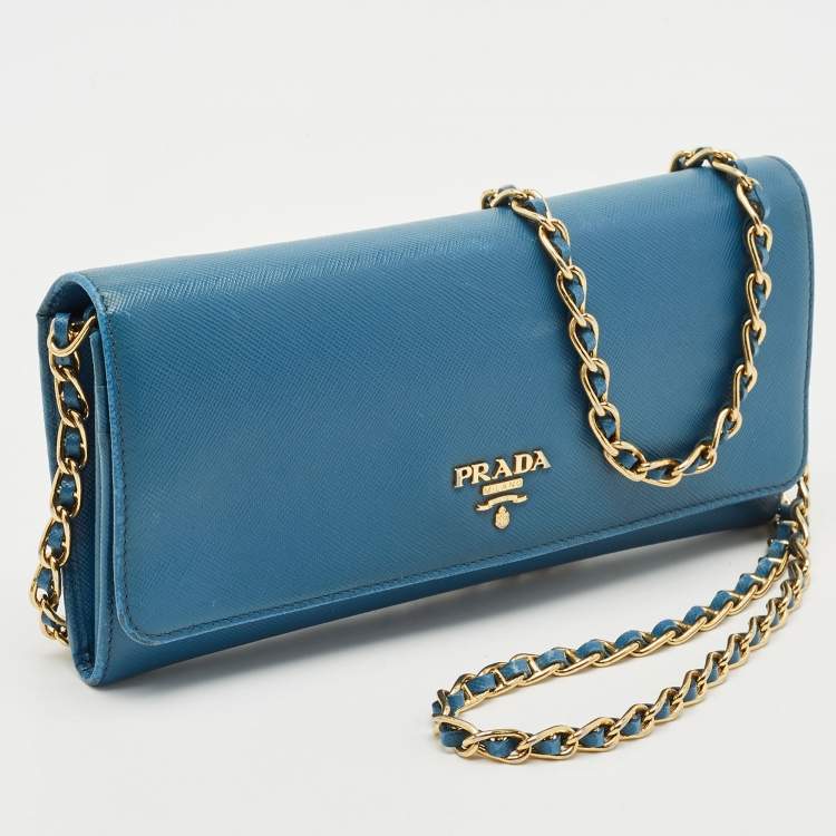Pre Owned Prada Blue Saffiano Lux Leather Logo Flap Wallet On Chain