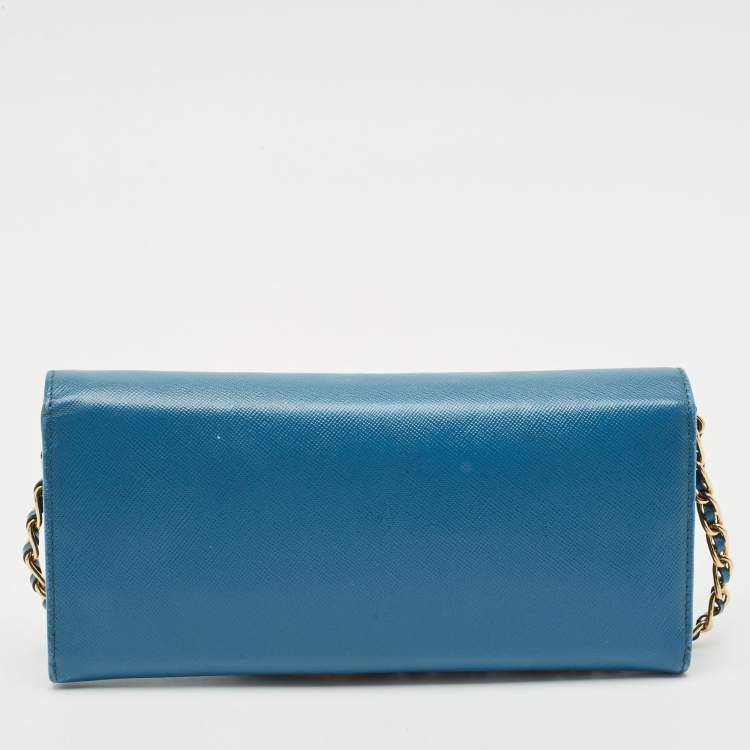 Pre Owned Prada Blue Saffiano Lux Leather Logo Flap Wallet On Chain