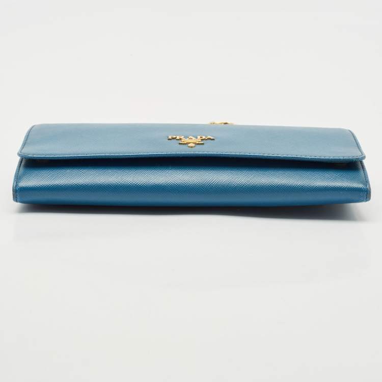 Pre Owned Prada Blue Saffiano Lux Leather Logo Flap Wallet On Chain
