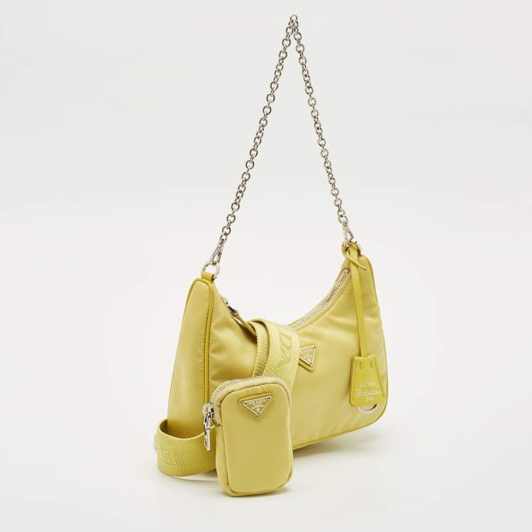 Pre Owned Prada Yellow Nylon and Saffiano Leather Re-Edition 2005 Shoulder Bag