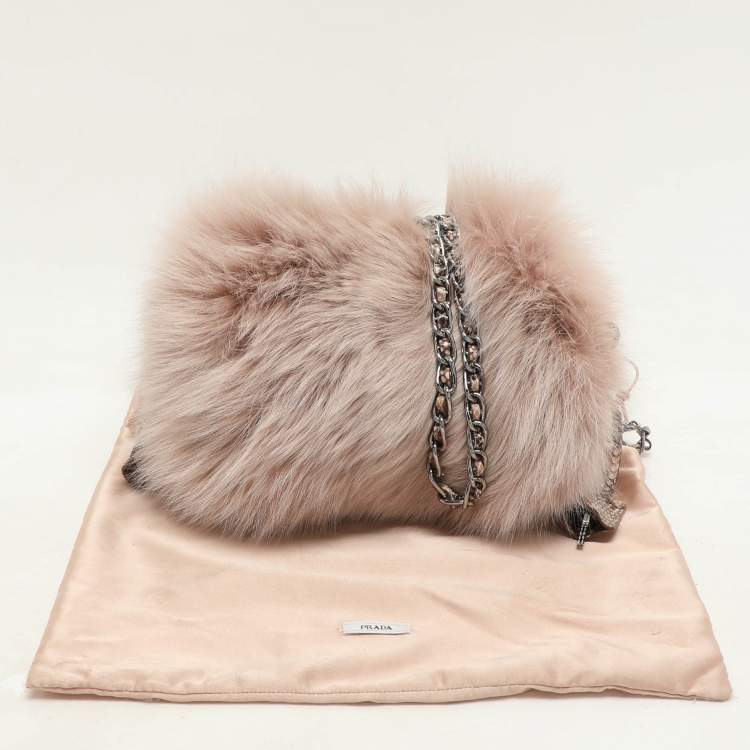 Pre Owned Prada Blush Pink Fox Fur and Python Leather Crossbody Bag