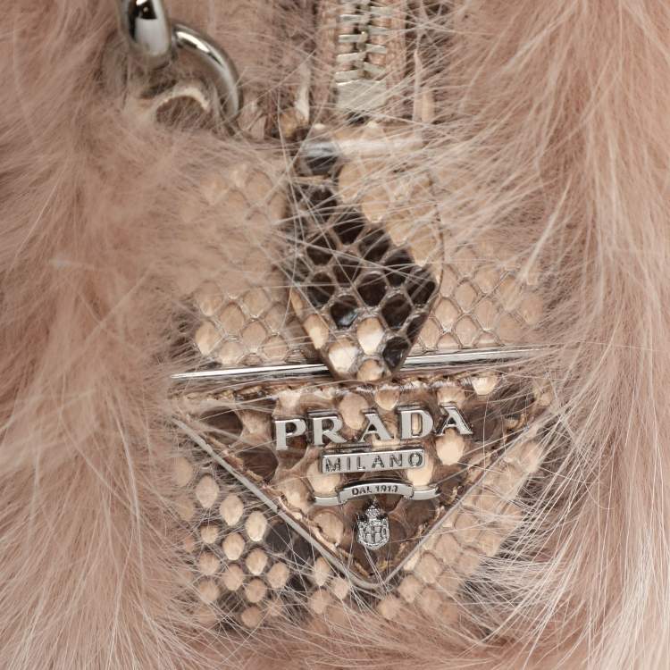 Pre Owned Prada Blush Pink Fox Fur and Python Leather Crossbody Bag