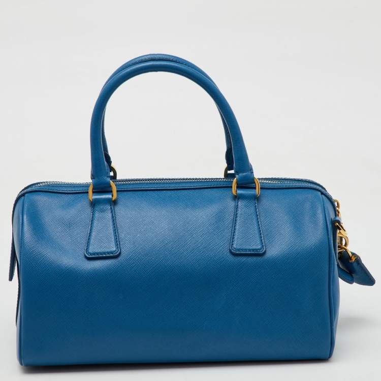Pre Owned Prada Blue Saffiano Lux Leather Zip Boston Bag