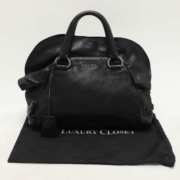Pre Owned Prada Black Leather Ruffle Bauletto Satchel