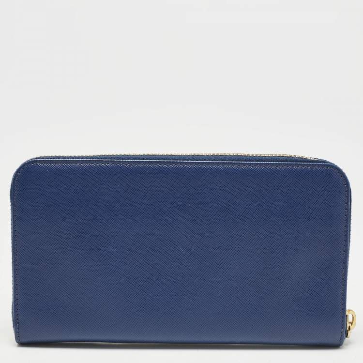 Pre Owned Prada Blue Saffiano Lux Leather Triangle Zip Around Wallet