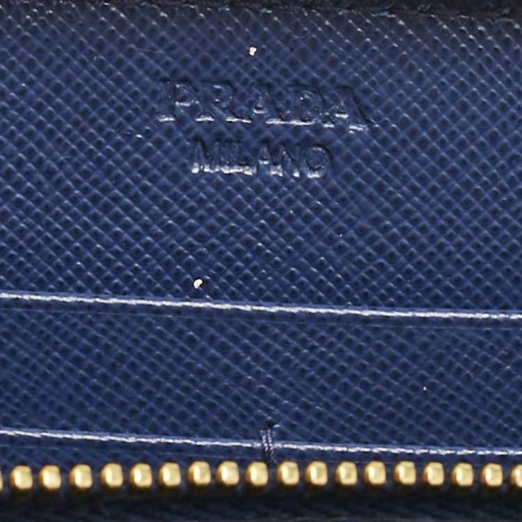 Pre Owned Prada Blue Saffiano Lux Leather Triangle Zip Around Wallet