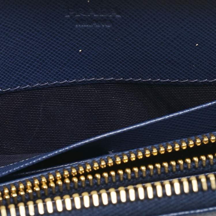 Pre Owned Prada Blue Saffiano Lux Leather Triangle Zip Around Wallet