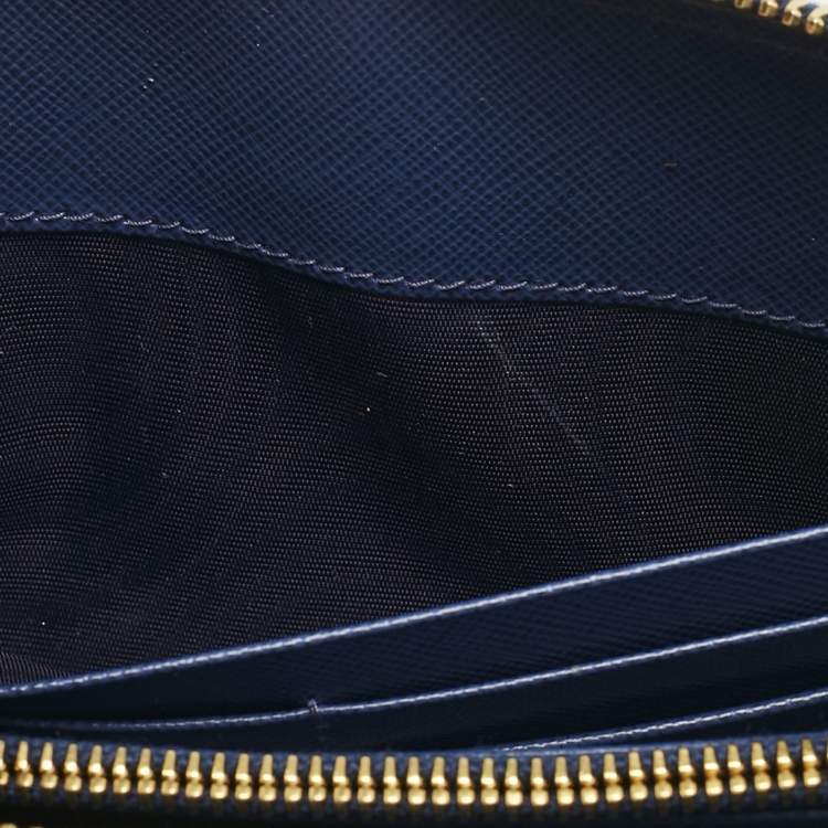 Pre Owned Prada Blue Saffiano Lux Leather Triangle Zip Around Wallet