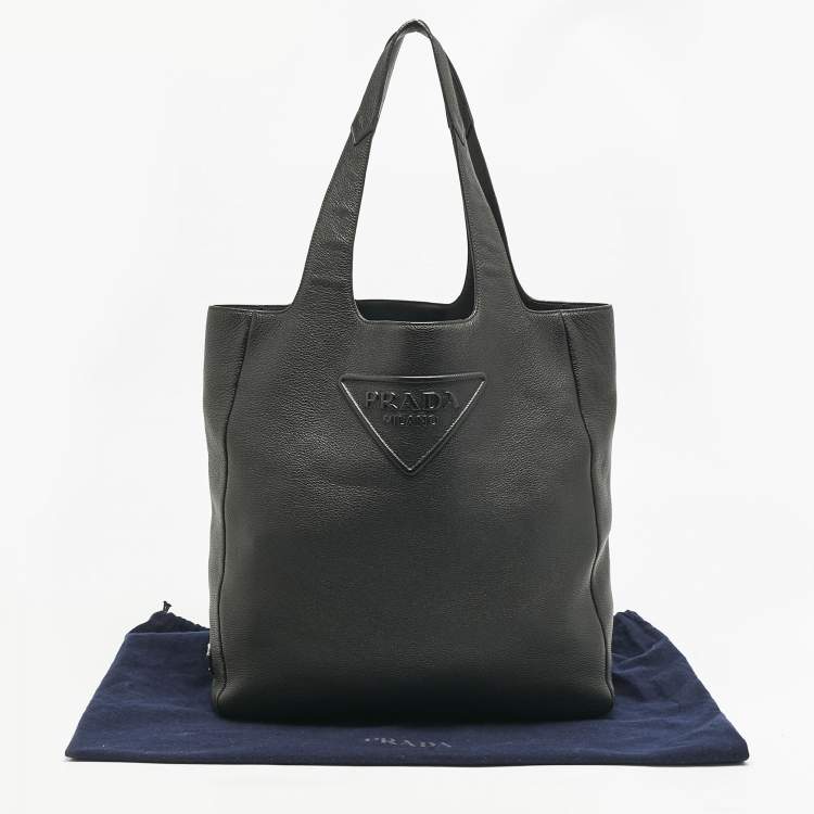 Pre Owned Prada Black Vitello Daino Leather Logo Embossed Tote