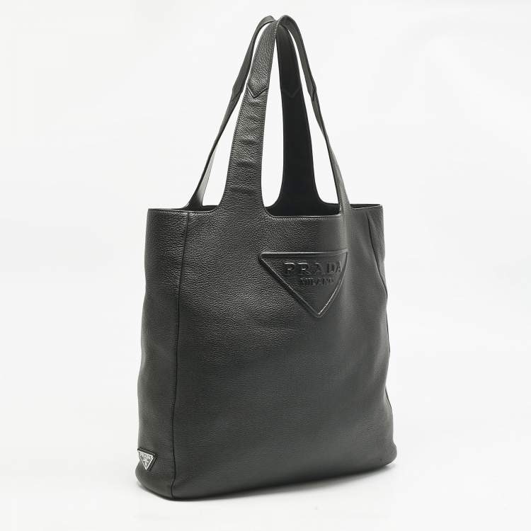 Pre Owned Prada Black Vitello Daino Leather Logo Embossed Tote