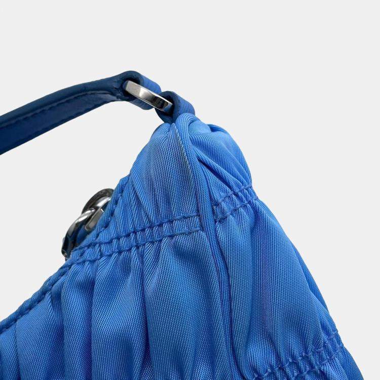 Pre Owned Prada  Light Blue Nylon Gathered One Shoulder Bag