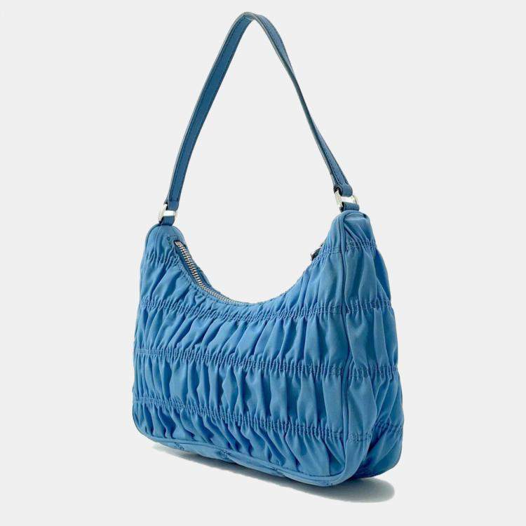 Pre Owned Prada  Light Blue Nylon Gathered One Shoulder Bag