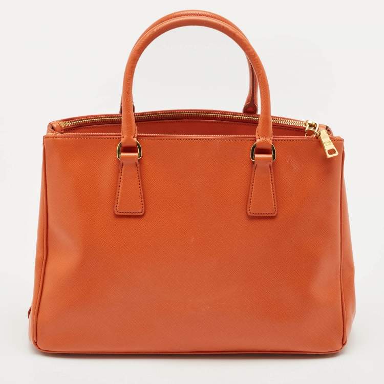 Pre Owned Prada Orange Saffino Lux Leather Medium Double Zip Tote