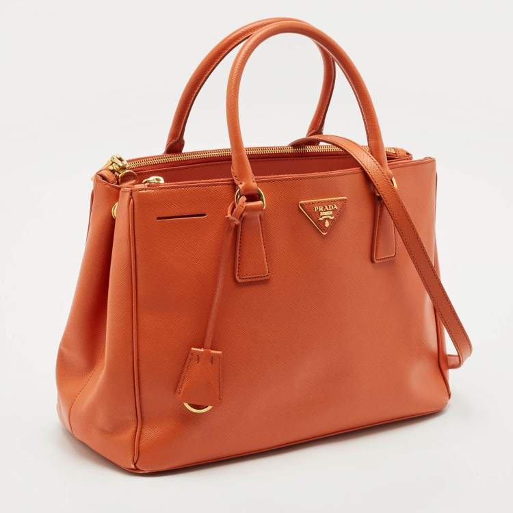 Pre Owned Prada Orange Saffino Lux Leather Medium Double Zip Tote