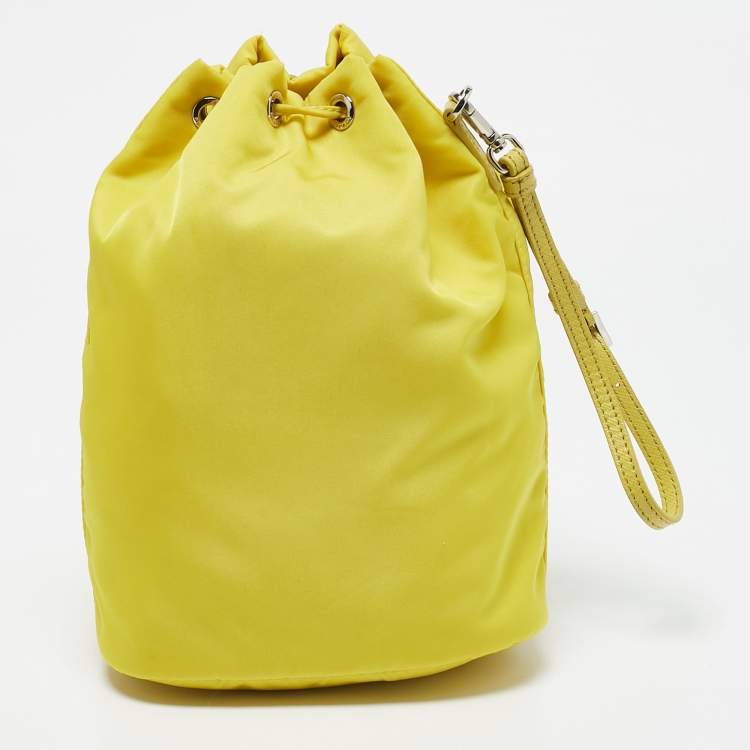 Pre Owned Prada Yellow Leather and Nylon Drawstring Bucket Bag