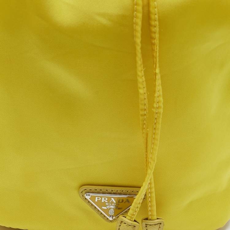 Pre Owned Prada Yellow Leather and Nylon Drawstring Bucket Bag