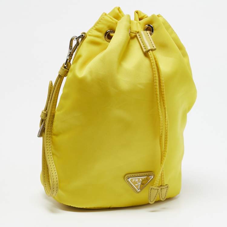 Pre Owned Prada Yellow Leather and Nylon Drawstring Bucket Bag