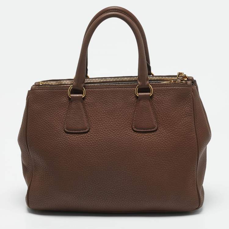 Pre Owned Prada Brown Vitello Daino Leather Double Zip Tote